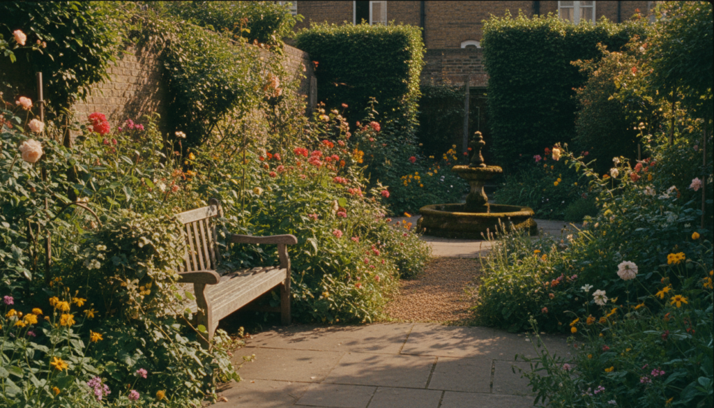 A hidden secret garden in London, featuring a vibrant tapestry of lush greenery, colorful wildflowers, and ancient stone pathways. In the foreground, a weathered wooden bench is surrounded by blooming roses and trailing ivy. The middle ground reveals a quaint fountain adorned with moss, where soft sunlight filters through the leaves, creating dappled patterns on the ground. In the background, you can see tall, overgrown hedges and glimpses of historic brick walls peeking through the foliage. The scene is bathed in warm, cinematic lighting, evoking a serene and enchanted atmosphere. Capture the intricate textures of the plants and the subtle play of shadows, rendered in stunning 8k resolution.