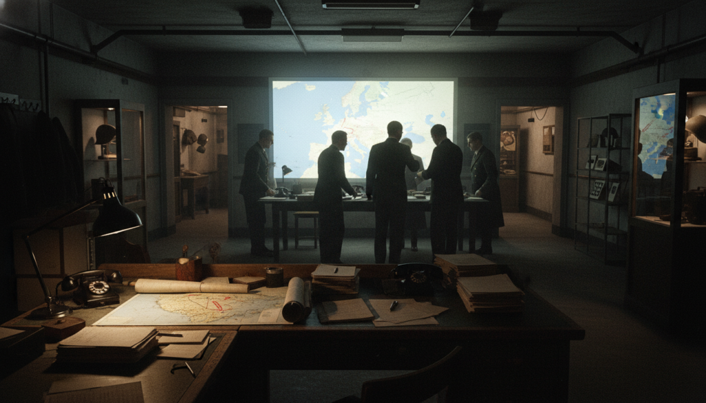 A highly detailed, raw photograph of the Churchill War Rooms, showcasing the intricate interior of this historical WWII bunker. In the foreground, vintage wooden desks cluttered with maps, telephones, and documents evoke a sense of urgency and focus. The middle ground features a large, illuminated map of Europe on a wall, with light rays highlighting its contours, while personnel in professional business attire are engaged in serious discussions. The background includes meticulously preserved wartime artifacts and a dimly lit corridor, enhancing the authenticity of the scene. The cinematic lighting casts dynamic shadows, creating a moody and reflective atmosphere, capturing the essence of strategizing during the war. 8k resolution with an emphasis on highly detailed textures throughout the image.