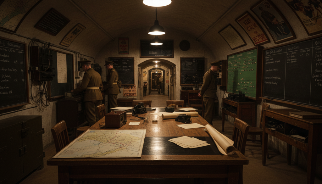 A highly detailed view of the Churchill War Rooms, showcasing the intricate command center used by Winston Churchill during World War II. In the foreground, a vintage wooden map table laden with maps and communication devices reflects the historical significance. In the middle, shadows play across the dimly lit room, highlighting the worn-out walls adorned with wartime artifacts and machinery. In the background, you can see authentic WWII-era posters and an open doorway leading to other sections of the war rooms. The lighting is cinematic, with soft, warm tones illuminating the space, creating a solemn yet inspiring atmosphere. Capture this scene in 8k resolution, emphasizing highly detailed textures and a documentary-style angle to evoke a sense of history and nostalgia.