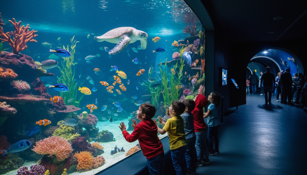 A lively scene inside SEA LIFE London Aquarium, showcasing excited children exploring the exhibits. In the foreground, a group of kids, dressed in bright casual clothing, marvel at colorful fish swishing through a massive glass tank filled with corals and seaweed. Their expressions are filled with wonder and joy. In the middle, diverse aquatic life, including a friendly sea turtle and vibrant clownfish, swim gracefully in the crystal-clear water. The background features a softly illuminated underwater tunnel, creating a sense of depth. Soft cinematic lighting enhances the vibrant colors of the marine life, while the atmosphere is joyful and enchanting, capturing the thrill of a family outing on a rainy day. The image is rendered in 8k resolution, highlighting the highly detailed textures of the aquarium environment.