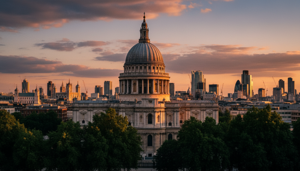 A majestic view of St. Paul's Cathedral designed by Sir Christopher Wren, showcasing its iconic dome at sunset. In the foreground, lush green trees gently sway, framing the cathedral’s grand façade with intricate details, including classical columns and ornate sculptures. The middle ground emphasizes the stunning dome, intricately designed with golden accents and windows reflecting the warm hues of the setting sun, casting a soft glow. In the background, a serene London skyline highlights historical architecture with hints of modernity, all under a vibrant, painterly sky. The scene is bathed in soft, cinematic lighting, emphasizing textures and shadows, creating a tranquil yet awe-inspiring atmosphere. Capture this moment in high-resolution, 8k detail, emphasizing the architectural grandeur and the enchanting evening light.