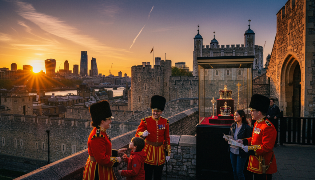 A majestic view of the Tower of London, showcasing its iconic stone walls and fortified towers in stunning detail. In the foreground, Beefeaters in traditional red uniforms are interacting with families, inviting them to explore the rich history of the castle. The middle ground features the Crown Jewels displayed in a glass case, illuminating their exquisite craftsmanship. The background captures the skyline of London under a dramatic sunset, casting warm golden light over the scene, enhancing the historical ambiance. The scene is filmed in 8k resolution, with cinematic lighting that accentuates the textures of the ancient stone and the vibrant colors of the uniforms. A sense of wonder and excitement fills the air, inviting viewers to delve into London’s history.