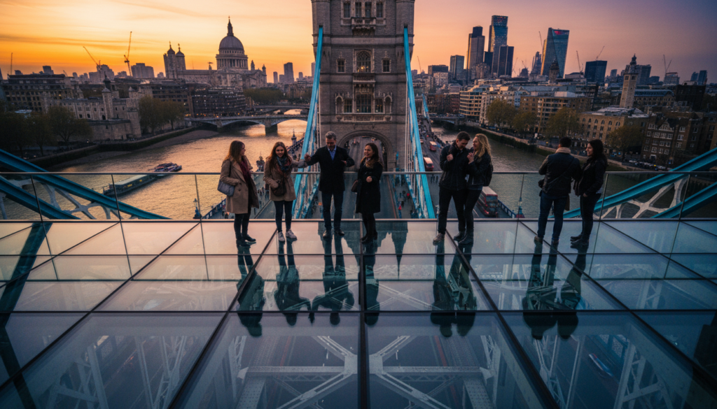 A mesmerizing view from the glass floor of the Tower Bridge Exhibition, showcasing a bustling scene below with the River Thames flowing gracefully beneath. In the foreground, the transparent glass panels glisten under soft, cinematic lighting, highlighting intricate textures of the bridge structure. The middle ground features several visitors admiring the views, dressed in smart casual attire, creating a sense of excitement and wonder. In the background, the iconic skyline of London rises majestically, with historical and modern architecture blending seamlessly against a vibrant sunset sky. Capture the atmosphere of adventure and exploration, with a focus on intricate details and a rich color palette, in stunning 8k resolution. A mesmerizing view from the glass floor of the Tower Bridge Exhibition, showcasing a bustling scene below with the River Thames flowing gracefully beneath. In the foreground, the transparent glass panels glisten under soft, cinematic lighting, highlighting intricate textures of the bridge structure. The middle ground features several visitors admiring the views, dressed in smart casual attire, creating a sense of excitement and wonder. In the background, the iconic skyline of London rises majestically, with historical and modern architecture blending seamlessly against a vibrant sunset sky. Capture the atmosphere of adventure and exploration, with a focus on intricate details and a rich color palette, in stunning 8k resolution.