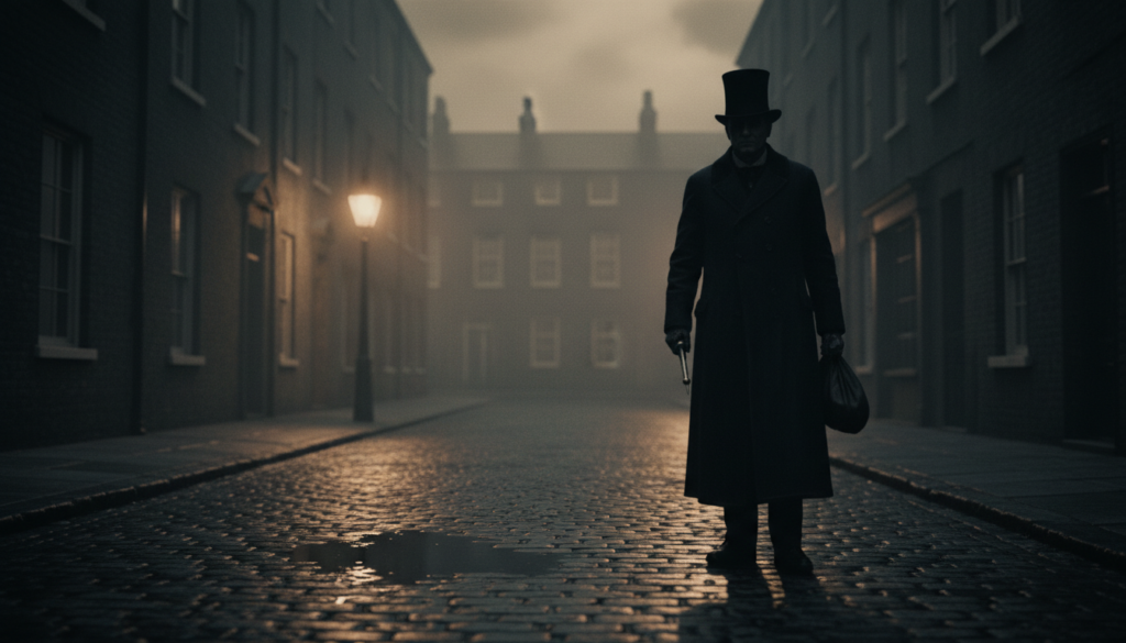 A mysterious figure dressed as Jack the Ripper stands in a dimly lit, foggy alleyway of Whitechapel, London. The foreground features cobblestone streets with puddles reflecting faint gaslight, while the middle ground shows the figure wearing a long black coat and a top hat, partially obscured by shadows. In the background, vintage brick buildings loom under a moody sky, adding to the eerie atmosphere. The scene is captured in a raw photograph style, with cinematic lighting highlighting the textures of the cobblestones and the figure's clothing. The overall mood is suspenseful and intriguing, evoking a sense of history and mystery, rendered in 8k resolution for stunning detail.