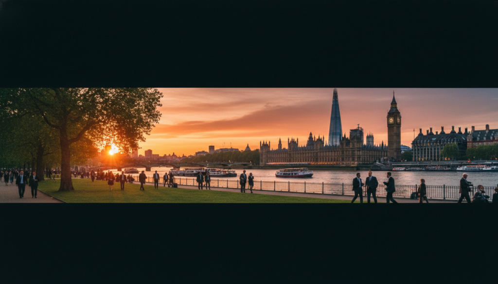 A panoramic view of Central London at dusk, capturing the iconic silhouette of the Shard and the Houses of Parliament along the River Thames. In the foreground, lush greenery of a public park with visitors strolling in professional business attire, enjoying the serene atmosphere. The middle ground features the shimmering river reflecting the warm golden tones of the setting sun, punctuated by small boats. In the background, the historic Elizabeth Tower (Big Ben) ticks softly, framed by a dramatic sky transitioning from orange to deep blue. The scene is lit with cinematic lighting, emphasizing rich, detailed textures of the buildings and the tranquil water. Shot in 8k resolution with a wide-angle lens to create a captivating, immersive view that conveys the magic of iconic London landmarks.