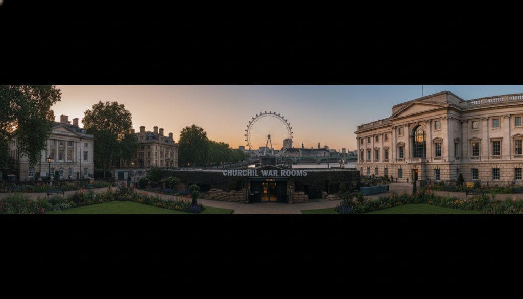 A panoramic view of London featuring prominent World War history attractions. In the foreground, the Imperial War Museum stands majestically, showcasing its unique architecture with vibrant, well-kept gardens. To the left, the iconic Cabinet War Rooms with their historical significance. In the middle, a detailed depiction of the Churchill War Rooms, inviting visitors into a space that feels alive with history. The background highlights the Thames River glistening under soft, cinematic lighting, with the silhouette of the London Eye. The scene is rich in textures, from the stonework of the buildings to the lush greenery, all captured in stunning 8k resolution. The atmosphere evokes a sense of reverence and reflection, emphasizing the deep historical impact of World War events in London.