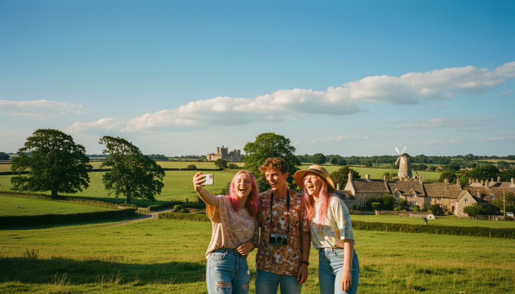 A picturesque scene capturing a vibrant day trip outside central London, featuring a group of three teenagers enjoying their adventure. In the foreground, the teenagers are laughing and taking selfies, dressed in casual, colorful clothing. The middle ground showcases a charming English countryside landscape with lush green fields, a quaint village in the distance, and perhaps a historic landmark like a castle or a windmill. The background features a bright blue sky with fluffy white clouds, evoking a sense of freedom and joy. The scene is bathed in warm, cinematic lighting that highlights the excitement of exploration. The image should be captured with a wide-angle lens to emphasize the beauty of the landscape, providing an inviting and energetic atmosphere. Highly detailed textures and 8k resolution should make the scene come alive.