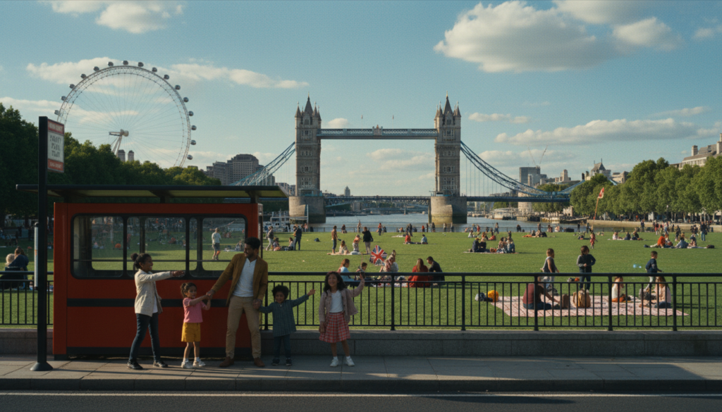A picturesque scene in London featuring family-friendly tourist attractions, showcasing children playing and exploring. In the foreground, a diverse family—parents in smart casual clothing and children wearing colorful outfits—are joyfully engaged at a classic double-decker bus stop. In the middle ground, iconic landmarks like the London Eye and Tower Bridge are visible, surrounded by lush green parks filled with picnic blankets and families enjoying the day. The background includes bright blue skies and fluffy white clouds, with soft, warm sunlight illuminating the scene, creating a welcoming atmosphere. The image captures the spirit of adventure and wonder, with highly detailed textures and vibrant colors, shot in 8k resolution with cinematic lighting for a lifelike feel. A picturesque scene in London featuring family-friendly tourist attractions, showcasing children playing and exploring. In the foreground, a diverse family—parents in smart casual clothing and children wearing colorful outfits—are joyfully engaged at a classic double-decker bus stop. In the middle ground, iconic landmarks like the London Eye and Tower Bridge are visible, surrounded by lush green parks filled with picnic blankets and families enjoying the day. The background includes bright blue skies and fluffy white clouds, with soft, warm sunlight illuminating the scene, creating a welcoming atmosphere. The image captures the spirit of adventure and wonder, with highly detailed textures and vibrant colors, shot in 8k resolution with cinematic lighting for a lifelike feel.