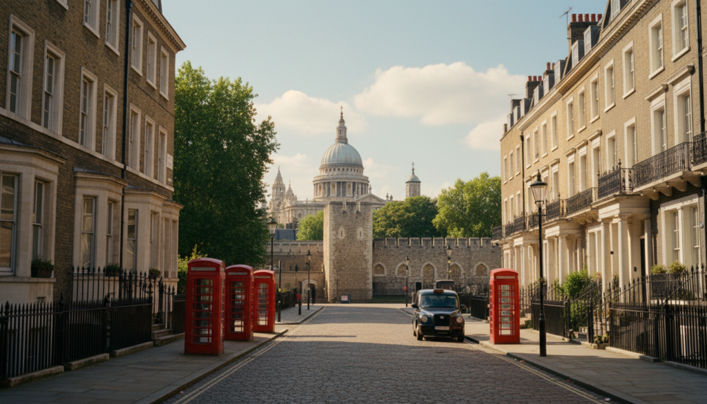 A picturesque scene of famous attractions in London, showcasing historic streets lined with charming Georgian and Victorian architecture. In the foreground, an elegantly paved street features a mix of traditional red telephone boxes and well-preserved historical buildings adorned with intricate facades. The middle ground showcases iconic landmarks like the Tower of London and St. Paul's Cathedral, framed by vibrant green trees. The background is a soft blend of blue skies with fluffy white clouds, suggesting a bright, sunny day. The lighting is warm and inviting, casting gentle shadows that highlight the rich textures of the brick and stonework. The image should evoke a sense of nostalgia and charm, inviting viewers to explore London's historic neighborhoods. Capture this in raw photograph quality at 8k resolution with cinematic lighting.