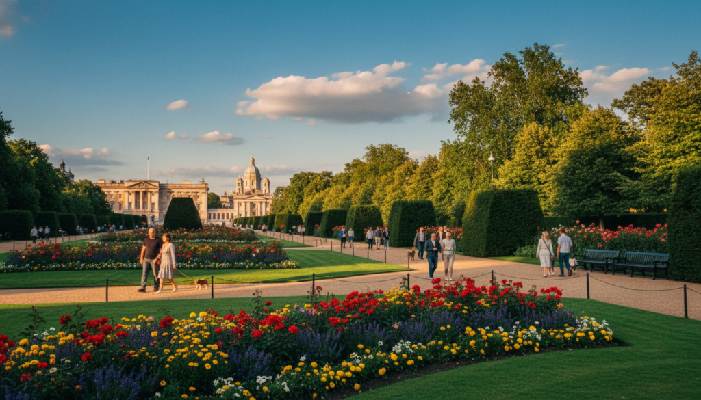 A picturesque scene of one of London’s royal parks, featuring lush green lawns and vibrant flower beds in the foreground, populated with visitors enjoying leisurely strolls. In the middle ground, manicured hedges and elegant pathways weave through the garden, lined with classic park benches under the shade of towering trees. In the background, the iconic architecture of nearby palatial buildings can be glimpsed, framed by a clear blue sky with soft, fluffy clouds. The lighting is warm and inviting, capturing the golden hour glow, enhancing the rich textures of the foliage and flowers. The image should be in 8k resolution with a cinematic feel, evoking a serene and joyful atmosphere, perfect for highlighting London's cherished green spaces.