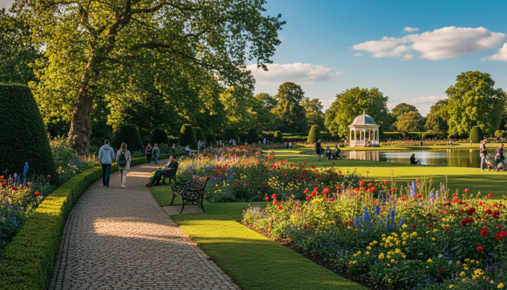 A scenic view of London's Royal Parks and Gardens, showcasing the lush greenery and vibrant flowers in full bloom. In the foreground, a cobblestone pathway lined with neatly trimmed hedges leads to a beautifully manicured lawn where visitors stroll leisurely, some sitting on benches while enjoying the serene atmosphere. In the middle ground, majestic ancient trees provide dappled sunlight, and colorful flowerbeds add splashes of color. The backdrop features a classic Victorian-style gazebo surrounded by a tranquil pond, reflecting the clear blue sky. The scene is bathed in warm, cinematic lighting, creating a peaceful and inviting mood. Capture the image in 8k resolution to highlight the highly detailed textures of the foliage and blossoms, with a slight depth of field emphasizing the foreground while keeping the background in soft focus.