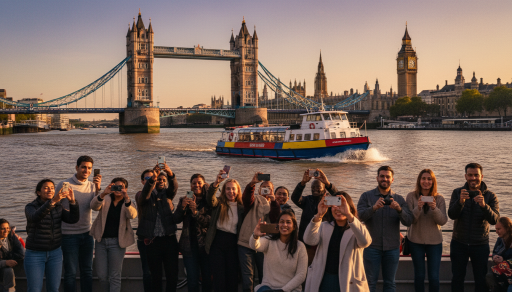 A scenic view of a tour boat gliding along the River Thames, showcasing iconic London landmarks such as the Tower Bridge and the Houses of Parliament in the background. In the foreground, a diverse group of tourists enjoys the ride, dressed in modest casual clothing, capturing moments with their cameras. The middle layer features the boat, decorated with vibrant colors, splashing water as it moves gracefully. The background is bathed in warm, golden hour lighting, creating a cinematic atmosphere, with soft shadows and detailed textures of the historic architecture. The image captures a sense of excitement and adventure, inviting viewers to experience the beauty of London from the water, rendered in highly detailed 8k resolution.