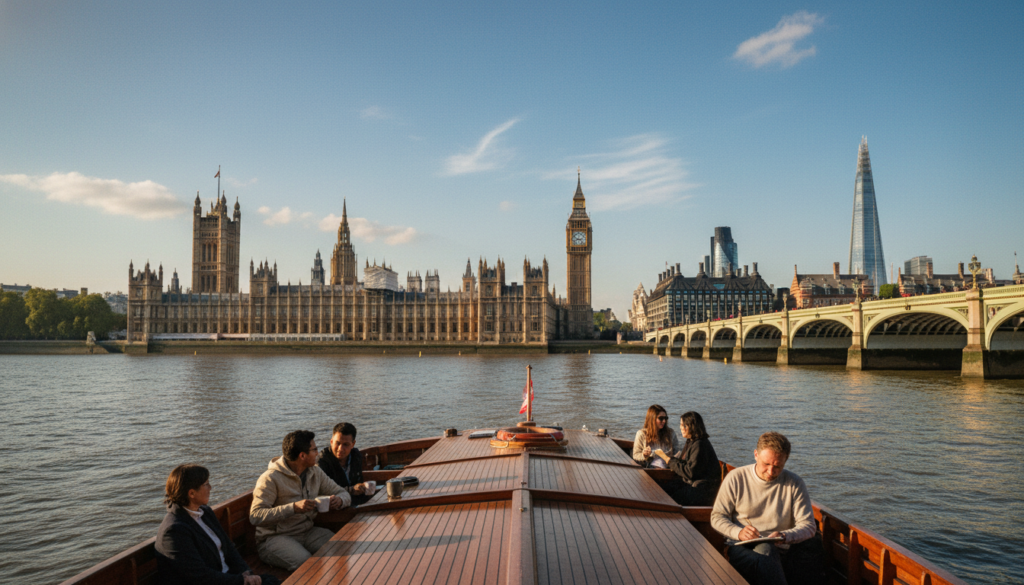 A serene boat gliding on the calm waters of the Thames, showcasing a picturesque view of London's iconic skyline. In the foreground, the wooden deck of the boat glimmers with morning light, while a few passengers in modest casual clothing relax and enjoy the ride. In the middle ground, the majestic structures of the Houses of Parliament and the Big Ben rise against a clear blue sky, adorned with fluffy white clouds. The background features the shimmering river reflecting the surrounding historical landmarks and modern architecture, creating a harmonious blend of old and new. Cinematic lighting bathes the scene, emphasizing the textures of the boat and the lively atmosphere. The image captures a peaceful moment, evoking a sense of calm and tranquility on the Thames, with high details in 8k resolution.