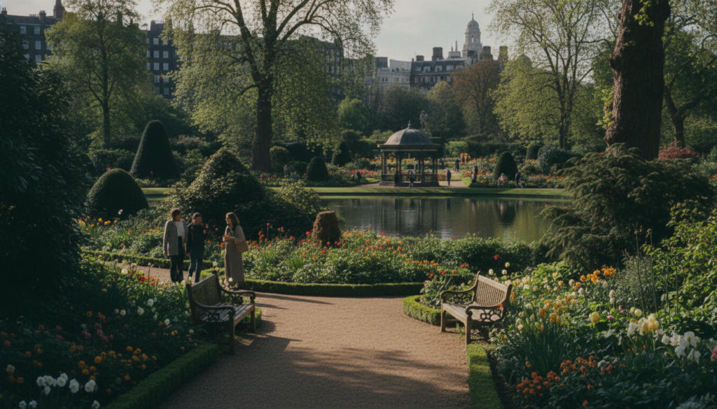 A serene park in London, showcasing lush greenery and vibrant flower beds in full bloom. In the foreground, a winding path meanders through the garden, flanked by neatly trimmed hedges and decorative benches. The middle ground features a small tranquil pond, reflecting the colorful flora and a charming gazebo. Towering trees provide dappled sunlight, creating a play of light and shadow across the scene. The background captures the silhouette of historic buildings, hinting at London’s rich history. The atmosphere is peaceful and inviting, with a few visitors strolling, dressed in smart casual attire. The image is rendered in cinematic lighting, with highly detailed textures, focusing on natural beauty in 8k resolution. A serene park in London, showcasing lush greenery and vibrant flower beds in full bloom. In the foreground, a winding path meanders through the garden, flanked by neatly trimmed hedges and decorative benches. The middle ground features a small tranquil pond, reflecting the colorful flora and a charming gazebo. Towering trees provide dappled sunlight, creating a play of light and shadow across the scene. The background captures the silhouette of historic buildings, hinting at London’s rich history. The atmosphere is peaceful and inviting, with a few visitors strolling, dressed in smart casual attire. The image is rendered in cinematic lighting, with highly detailed textures, focusing on natural beauty in 8k resolution.