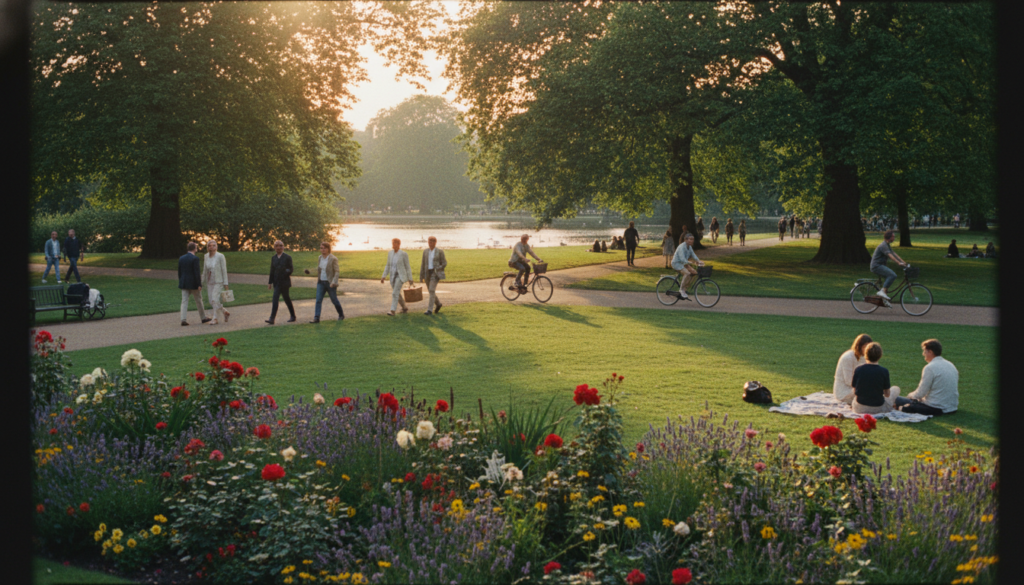 A serene view of Hyde Park in London captured during golden hour, with sunlight filtering through lush green trees, casting playful shadows on the manicured grass. In the foreground, vibrant flower beds filled with colorful blooms invite a closer look. The middle ground showcases people leisurely strolling along winding pathways and enjoying picnics on blankets, all dressed in casual yet smart attire. A few cyclists ride by on dedicated paths, adding a sense of movement. In the background, the iconic Serpentine lake sparkles under the sun, with swans gliding gracefully across the water. The atmosphere is relaxed and inviting, perfect for a tranquil day outdoors. The composition is framed with a soft focus on the edges, mimicking the look of a raw photograph in 8k resolution, highlighting the rich textures of nature and the warm, cinematic lighting.
