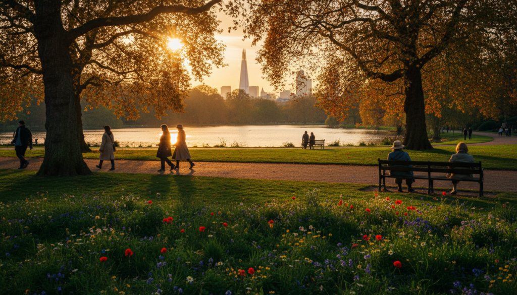 A serene view of Hyde Park in London during a golden hour sunset. In the foreground, a well-manicured lawn dotted with vibrant wildflowers and a few elegantly dressed individuals strolling or sitting on benches, enjoying the tranquil atmosphere. In the middle, a winding path lined with majestic trees shedding their colorful autumn leaves, leading towards the iconic Serpentine Lake sparkling in the soft light. In the background, hints of the London skyline peering through the lush greenery, with the sun casting warm, cinematic lighting that creates long shadows and highlights the rich textures of the landscape. The overall mood is peaceful and rejuvenating, inviting viewers to envision a moment of relaxation amidst their adventures. Highly detailed textures in 8k resolution, capturing the beauty of nature and city life. A serene view of Hyde Park in London during a golden hour sunset. In the foreground, a well-manicured lawn dotted with vibrant wildflowers and a few elegantly dressed individuals strolling or sitting on benches, enjoying the tranquil atmosphere. In the middle, a winding path lined with majestic trees shedding their colorful autumn leaves, leading towards the iconic Serpentine Lake sparkling in the soft light. In the background, hints of the London skyline peering through the lush greenery, with the sun casting warm, cinematic lighting that creates long shadows and highlights the rich textures of the landscape. The overall mood is peaceful and rejuvenating, inviting viewers to envision a moment of relaxation amidst their adventures. Highly detailed textures in 8k resolution, capturing the beauty of nature and city life.