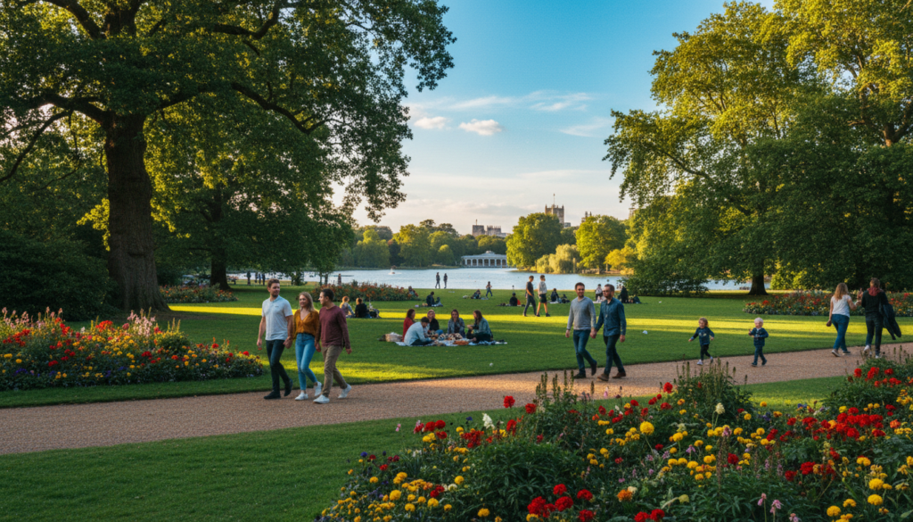 A serene view of Hyde Park in London, showcasing lush green lawns and vibrant flowerbeds in the foreground, with couples strolling along pathways. In the middle ground, diverse groups of people enjoying leisurely picnics and children playing on the grass, framed by majestic trees providing dappled sunlight. The background features iconic landmarks such as the Serpentine lake shimmeringly reflecting the bright blue sky. Captured in golden hour lighting to enhance the warmth and tranquility of the scene. Shot with a wide-angle lens for an immersive perspective, highlighting the expansive beauty of the park, conveying a peaceful and rejuvenating atmosphere. Highly detailed textures and colors, in 8k resolution.