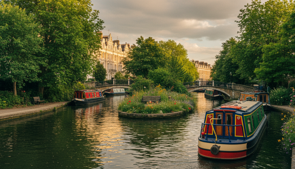 A serene view of Little Venice, London, showcasing its picturesque canals lined with charming houseboats and lush greenery. In the foreground, a colorful narrowboat gently drifts on the water, reflecting the vibrant hues of the flowers and trees along the banks. The middle ground features a quaint footbridge connecting visitors to an unexpected hidden island, adorned with benches and wildflowers. The background reveals elegant Victorian buildings peeking through the foliage, with soft, cinematic lighting casting warm golden tones. Capture the image from a low angle to enhance the tranquility and depth, using a wide lens to embrace the fullness of this offbeat scene. A peaceful atmosphere pervades, inviting viewers to explore the hidden gems along London’s waterways. Highly detailed, 8k resolution.