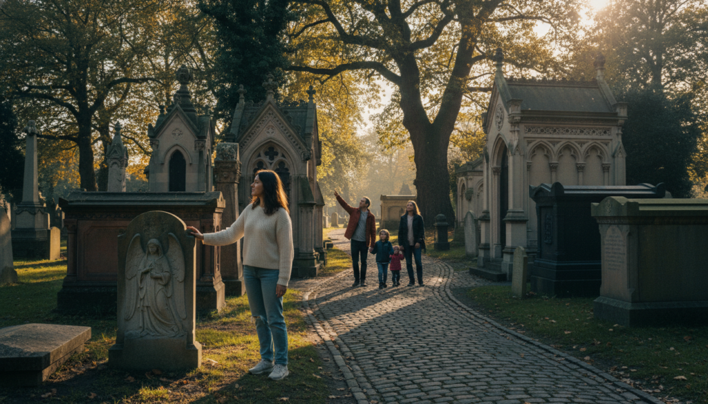 A serene view of a historical cemetery in London, where a diverse group of people stroll along the winding paths lined with ancient gravestones and lush greenery. In the foreground, a woman in a light sweater and jeans admires a beautifully weathered headstone, while a family enjoys a leisurely walk, pointing at interesting architectural features. The middle ground reveals intricate stone mausoleums and towering trees, casting dappled light on the ground below. In the background, soft sunlight filters through the leaves, creating a warm, inviting atmosphere amidst the peaceful setting. Capture this scene in vibrant colors and highly detailed textures, with cinematic lighting that enhances the depth of the scene. Use an 8k resolution for clarity, emphasizing the stories and natural beauty surrounding the walking paths.