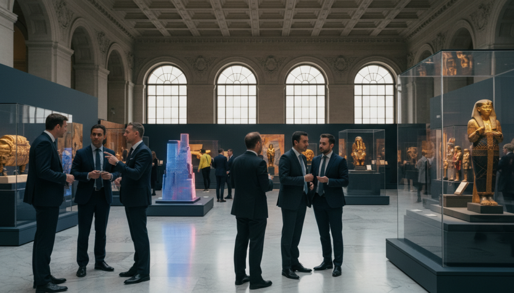 A spacious, elegantly designed exhibition hall in one of London's world-class museums, showcasing impressive art installations and historical artifacts. In the foreground, visitors in professional business attire enthusiastically explore the exhibits, engaged in conversation. The middle ground features large, vibrant displays of art pieces, expertly lit to highlight their intricate details and textures. The background reveals grand architecture with high ceilings, large windows allowing natural light to cascade in, creating a warm and inviting atmosphere. Faint reflections of visitors can be seen on polished floors. The scene is captured in a raw photograph style, with cinematic lighting enhancing the textures, and presented in stunning 8k resolution, conveying the excitement of cultural exploration in London.