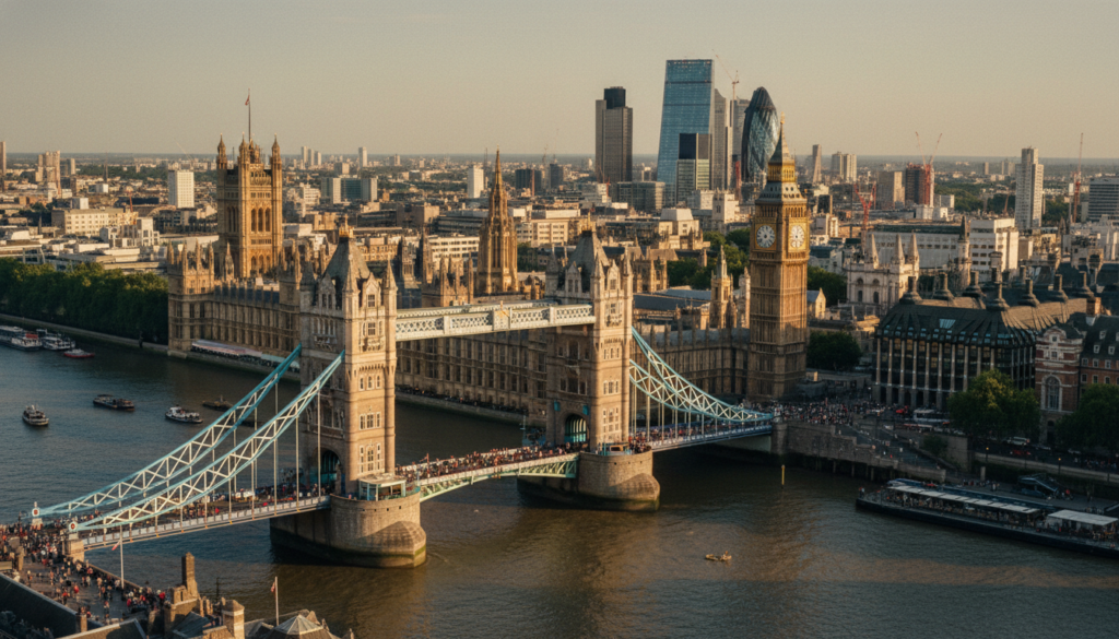 A stunning aerial view of London, showcasing iconic landmarks and monuments. In the foreground, the majestic Tower Bridge spans the River Thames, with tourists admiring the view. The middle ground features the historic Houses of Parliament and the impressive Big Ben, bathed in warm golden light. The background reveals the expansive skyline, including the modern Shard contrasting with the traditional architecture. The scene is illuminated by soft, cinematic lighting during the golden hour, enhancing the intricate textures of the buildings. Capture the hustle and bustle of city life, with small groups of people in modest casual clothing exploring and taking photos. The image should be in 8k resolution, vividly detailed to highlight the essence of London's must-see attractions.
