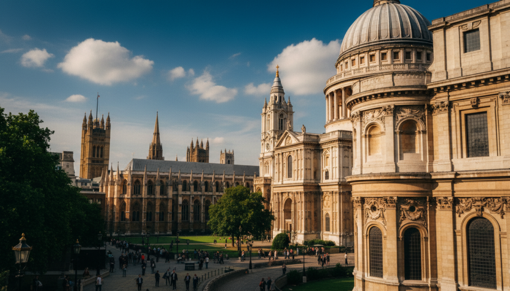 A stunning composition showcasing iconic London landmarks with a focus on religious buildings. In the foreground, the majestic St. Paul's Cathedral rises with its stunning dome and intricate facade, bathed in warm, golden sunlight. In the middle ground, the historic Westminster Abbey stands proud, surrounded by lush greenery and visitors dressed in professional attire, admiring the architecture. The background features the towering spires of St. Martin-in-the-Fields and the striking architecture of Southwark Cathedral. The scene is framed by a vibrant blue sky with soft, white clouds, creating a serene atmosphere. Captured in 8k resolution with cinematic lighting that highlights the textures of the stone and glass, this image embodies the grandeur and spirituality of London’s religious landmarks.