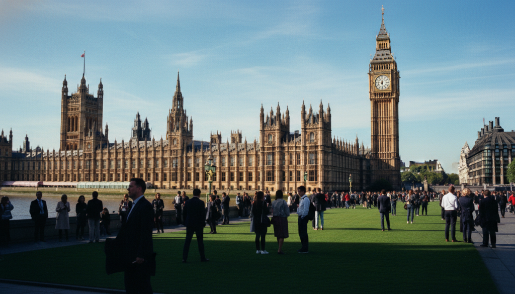 A stunning depiction of Big Ben and the Houses of Parliament, showcasing the iconic Gothic architecture. In the foreground, the lush green lawns of Parliament Square are dotted with visitors admiring the landmark, dressed in modest, professional attire. The middle ground features the grand facade of the Houses of Parliament with intricate detailing and large arched windows, while the majestic clock tower of Big Ben rises prominently to the right. In the background, a bright blue sky with scattered clouds enhances the scene. The image is captured in cinematic lighting, highlighting the textures of the stonework and the sparkling Thames River reflecting the monument. Shot in 8k resolution from a slightly elevated angle, the mood is vibrant and full of historical charm.