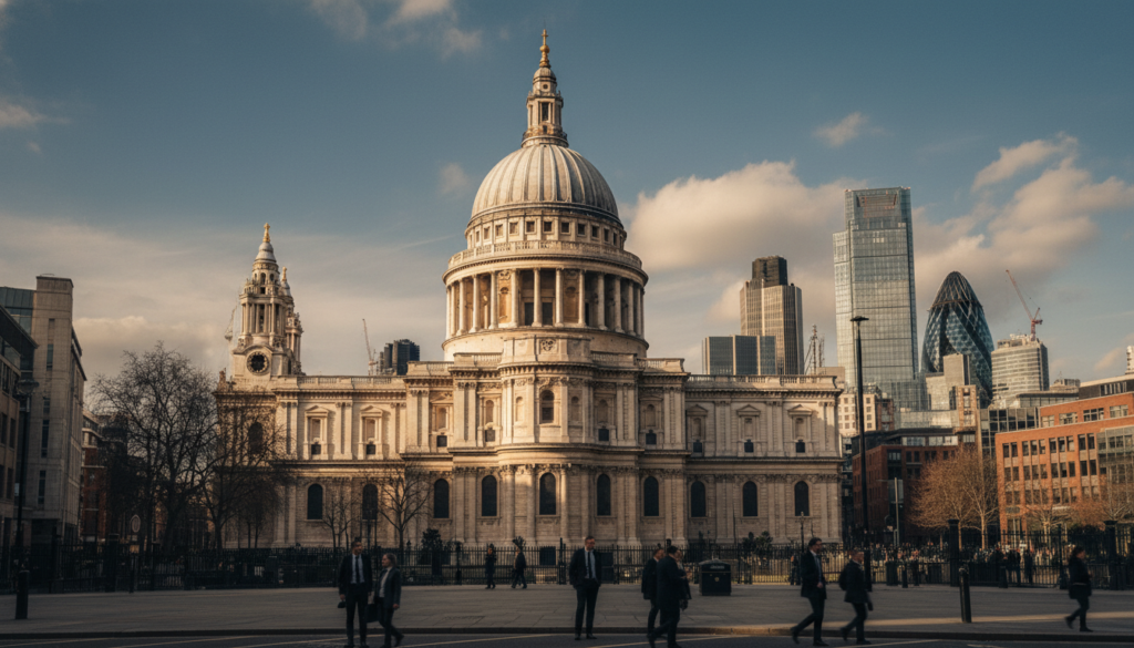 A stunning, high-resolution image of St Paul's Cathedral in the foreground, showcasing its iconic dome and intricate Baroque architecture, bathed in warm golden sunlight. In the middle ground, the City of London skyline rises, featuring modern skyscrapers contrasting with the classic cathedral. The background reveals a clear blue sky with soft, fluffy clouds, highlighting the architectural juxtaposition. The scene is captured with a wide-angle lens to emphasize depth, creating a cinematic feel. The lighting enhances the textures of the stone and metal, inviting a sense of grandeur and serenity. A few pedestrians in professional business attire stroll along the bustling streets below, adding life without detracting from the cathedral's majestic presence. The atmosphere is one of vibrant urban energy mixed with historical significance, perfect for capturing the essence of this famous London attraction.