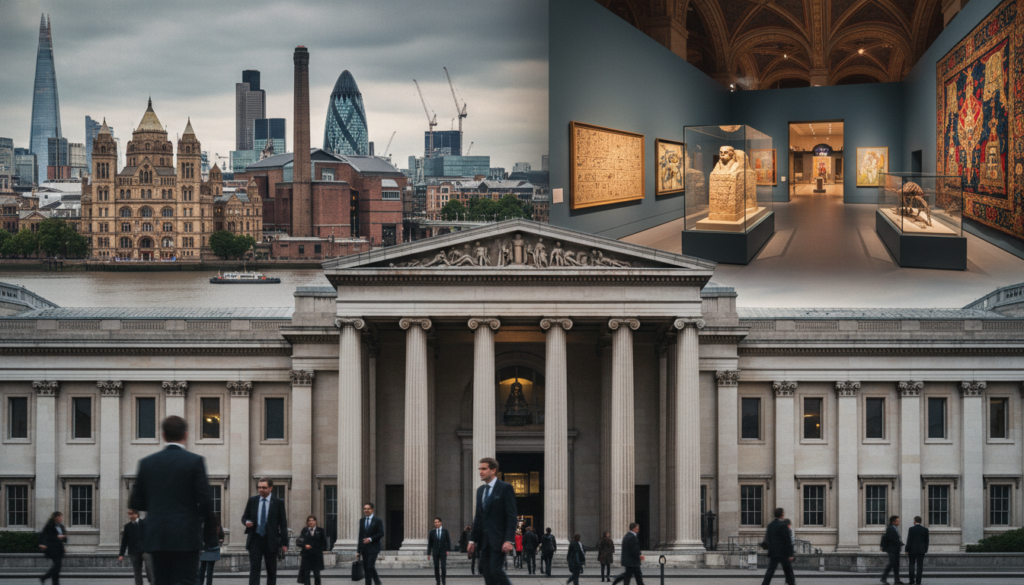 A stunning image showcasing popular attractions within London’s world-class museums and galleries. In the foreground, an elegant entrance to the British Museum, featuring classical architectural details and visitors in professional attire. In the middle ground, vibrant displays of priceless artifacts and exquisite art pieces, with soft cinematic lighting illuminating the exhibits. The background reveals iconic landmarks like the Tate Modern and the Natural History Museum, blending seamlessly into the bustling London skyline. The atmosphere is lively yet serene, capturing the essence of cultural exploration and appreciation. This highly detailed scene should utilize 8k resolution to highlight textures and intricate design elements, all under a soft, diffused lighting that enhances the inviting mood of these remarkable institutions.