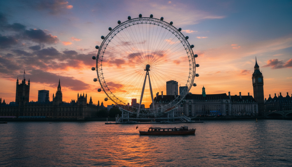 A stunning, raw photograph of the London Eye, capturing its grandeur against a vibrant sunset sky. In the foreground, a beautifully detailed view of the iconic Ferris wheel, with its illuminated pods reflecting warm golden hues. In the middle ground, the serene waters of the River Thames, gently rippling under the soft light. The background features the silhouettes of London’s skyline, with famous landmarks like the Houses of Parliament and Big Ben, bathed in the last light of day. Use cinematic lighting to enhance textures, ensuring a dreamy yet realistic atmosphere. The image should be shot with a wide-angle lens to emphasize the scale of the London Eye, presented in 8k resolution for breathtaking clarity.