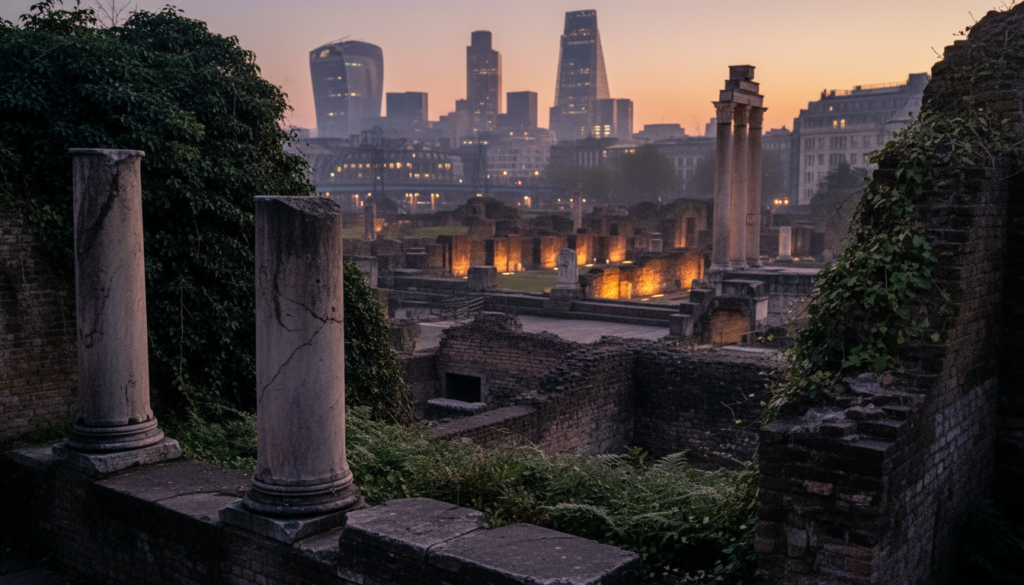 A stunning raw photograph of the remains of ancient Roman sites in London, capturing the intricate details of the architectural structures. In the foreground, remnants of Roman columns and brick walls reveal their weathered textures, overgrown with lush greenery. The middle ground features the iconic Temple of Mithras, partially illuminated by soft, golden cinematic lighting that highlights its historic significance. In the background, juxtapose modern London with faint outlines of contemporary buildings, symbolizing the city's rich history. The scene is set at twilight, with a warm, inviting atmosphere that evokes nostalgia and curiosity. The composition is shot at a slightly elevated angle to portray depth, in 8k resolution for exceptional detail and clarity.