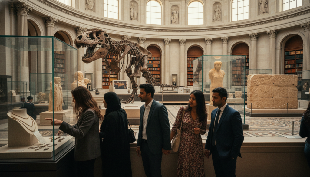 A stunning, realistic photograph of a renowned London museum, such as the British Museum or the Natural History Museum, captured in 8k resolution. In the foreground, showcase a group of diverse visitors, dressed in smart casual clothing, actively engaging with exhibits, their expressions reflecting curiosity and admiration. In the middle ground, exhibit several iconic displays, such as ancient artifacts, artworks, or dinosaur skeletons, highlighting the museum's fascinating history. The background features grand architecture, with intricate details of the building's facade under soft, cinematic lighting that creates a warm and inviting atmosphere. Capture the scene from a slightly elevated angle, providing a comprehensive view that emphasizes the grandeur and allure of this cultural landmark, inviting the viewer to imagine their own experience inside. A stunning, realistic photograph of a renowned London museum, such as the British Museum or the Natural History Museum, captured in 8k resolution. In the foreground, showcase a group of diverse visitors, dressed in smart casual clothing, actively engaging with exhibits, their expressions reflecting curiosity and admiration. In the middle ground, exhibit several iconic displays, such as ancient artifacts, artworks, or dinosaur skeletons, highlighting the museum's fascinating history. The background features grand architecture, with intricate details of the building's facade under soft, cinematic lighting that creates a warm and inviting atmosphere. Capture the scene from a slightly elevated angle, providing a comprehensive view that emphasizes the grandeur and allure of this cultural landmark, inviting the viewer to imagine their own experience inside.