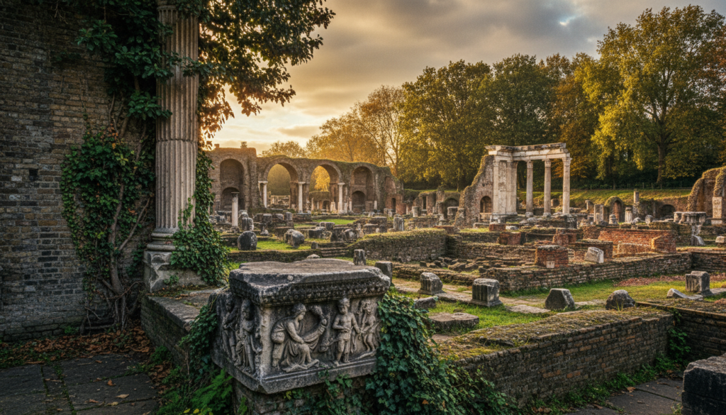 A stunning scene of Roman ruins in London, showcasing ancient stone structures partially overgrown with greenery. In the foreground, intricate stone carvings and weathered columns tell stories of the past, with ivy clinging to their surfaces. The middle ground features crumbling walls and arches, hinting at the grandeur of a lost civilization, while a few scattered bricks and fragments create an authentic atmosphere of excavation. In the background, mature trees frame the scene against a dramatic sky, lit by warm golden hour sunlight that casts soft shadows, enhancing the textures of the ruins. The overall mood is a blend of history and tranquility, capturing the essence of unusual architecture in this vibrant city. Shot with a wide-angle lens, the image should be in 8k resolution, focusing on detail and clarity.