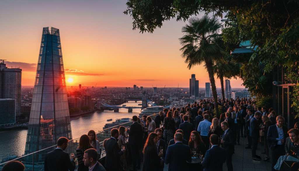 A stunning skyline view of London at sunset, capturing the iconic Shard and the Sky Garden in the foreground. The Shard rises majestically with its glass facade reflecting the warm hues of the setting sun. Below, the lush greenery of the Sky Garden contrasts with the urban landscape. In the midground, bustling city life unfolds with people in professional attire enjoying the rooftop experience, their silhouettes highlighted by soft, cinematic lighting. In the background, the River Thames glimmers under the vibrant sky, while historic buildings blend with contemporary architecture, showcasing the rich ambiance of London. The image is rendered in 8k resolution, with highly detailed textures and a captivating atmosphere that invites viewers to explore the heights of this vibrant city.