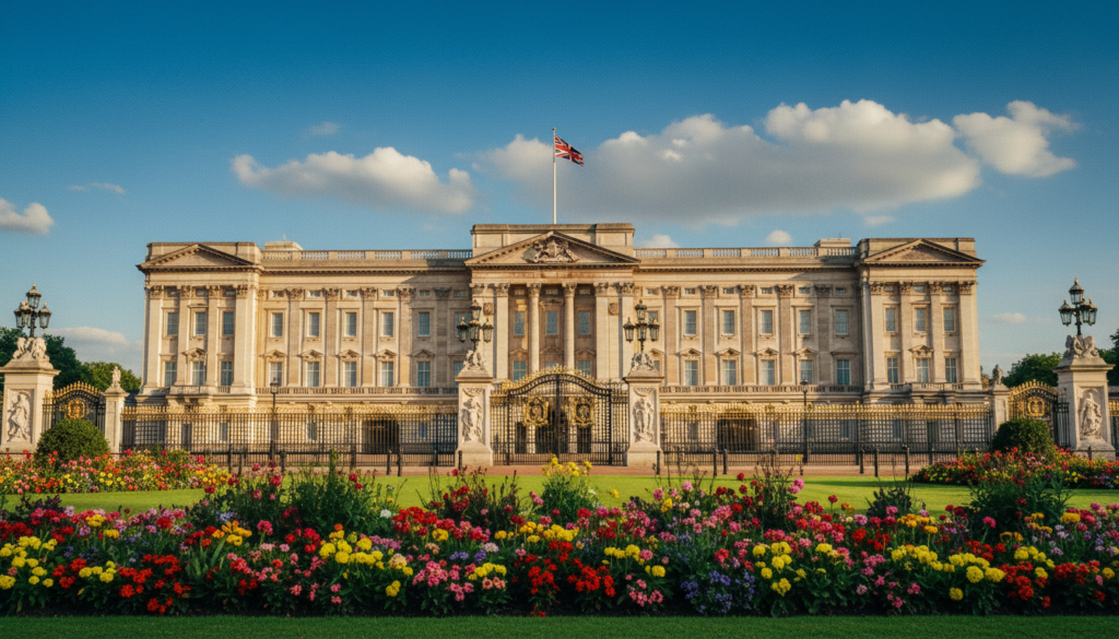 A stunning view of Buckingham Palace, captured in glorious detail. In the foreground, blooming gardens with vibrant flowers, perfectly manicured lawns, and elegant ornamental gates. The middle frame features the majestic palace itself, with its iconic façade and intricate architecture, showcasing golden accents and statues. In the background, a clear blue sky provides contrast, while fluffy white clouds add depth. The scene is bathed in soft, cinematic lighting that creates a warm, inviting atmosphere, as if it's early evening. The photo is taken from a low angle, emphasizing the grandeur of the building, providing a sense of scale. The image is rich in textures, appearing in 8k resolution, with each detail of the palace and gardens rendered distinctly, evoking classic royal moments in London. A stunning view of Buckingham Palace, captured in glorious detail. In the foreground, blooming gardens with vibrant flowers, perfectly manicured lawns, and elegant ornamental gates. The middle frame features the majestic palace itself, with its iconic façade and intricate architecture, showcasing golden accents and statues. In the background, a clear blue sky provides contrast, while fluffy white clouds add depth. The scene is bathed in soft, cinematic lighting that creates a warm, inviting atmosphere, as if it's early evening. The photo is taken from a low angle, emphasizing the grandeur of the building, providing a sense of scale. The image is rich in textures, appearing in 8k resolution, with each detail of the palace and gardens rendered distinctly, evoking classic royal moments in London.