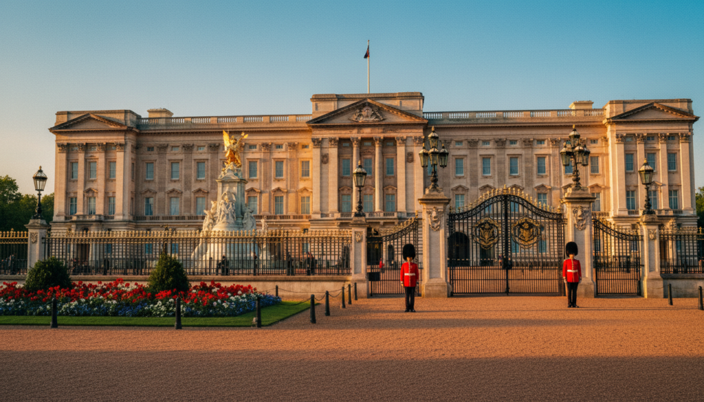 A stunning view of Buckingham Palace during the golden hour, showcasing its grand exterior with intricate architectural details and majestic gates in the foreground. The palace's elegant windows reflect the warm hues of sunset against the clear sky. In the middle ground, lush green gardens bloom with vibrant flowers, guarded by traditional British soldiers in red uniforms and bearskin hats, adding a touch of royal ambiance. The background features the iconic Victoria Memorial, framed by softly glowing street lamps. The scene is captured with a wide-angle lens to emphasize the palace's grandeur, illuminated by cinematic lighting for a rich, inviting atmosphere. The overall mood is regal and serene, inviting exploration of Royal London experiences.