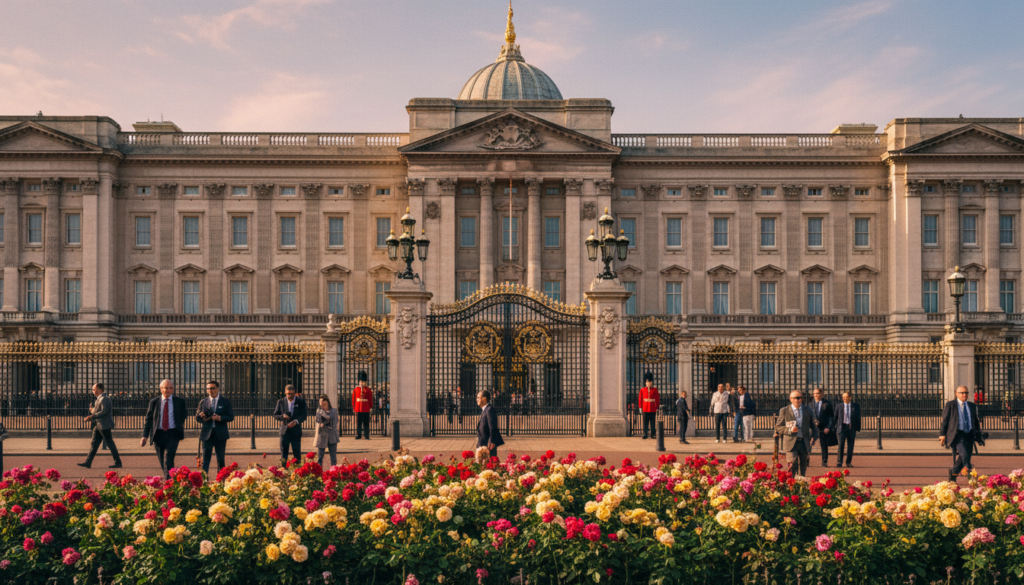 A stunning view of Buckingham Palace during the golden hour, showcasing its majestic façade with intricate architectural details and ornate balconies. In the foreground, a vibrant flowerbed filled with blooming roses adds a splash of color, while tourists in professional business attire stroll along the pathways, admiring the scene. The middle ground features the iconic gates of the palace, adorned with intricate gold work, and the famous royal guards standing still, adding a sense of tradition and formality. In the background, the sky is painted in soft pastels of orange and pink, enhancing the regal atmosphere. The image captures a cinematic feel with highly detailed textures and sharp focus, presented in 8k resolution, evoking a sense of wonder and royal elegance.