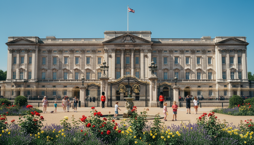 A stunning view of Buckingham Palace, showcasing its majestic façade with intricate details of the architecture, set against a bright, sunny day. In the foreground, a beautifully manicured garden filled with vibrant flowers, inviting families to explore. The middle ground features the grand gates, flanked by regal guards in traditional attire, adding to the royal experience. In the background, the iconic palace towers against a clear blue sky. Capture this scene using cinematic lighting to enhance the textures of the stone and greenery, aiming for an 8k resolution to highlight every detail. The mood is cheerful and inviting, perfect for families looking for a fun day out in London.