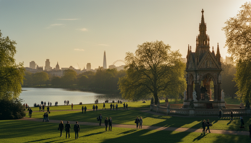 A stunning view of Hyde Park in London, showcasing iconic landmarks like the Serpentine Lake and the majestic Albert Memorial in the foreground. In the middle ground, feature lush green trees and manicured lawns bustling with visitors enjoying the serene environment, some dressed in professional business attire and modest casual clothing. The background highlights the impressive skyline of London, including glimpses of nearby historic buildings. Capture the scene during golden hour, with soft, warm sunlight filtering through the leaves, creating a cinematic glow. Include highly detailed textures of the park's foliage and reflections in the water, set in 8k resolution to emphasize the beauty of this beloved royal park and green space.