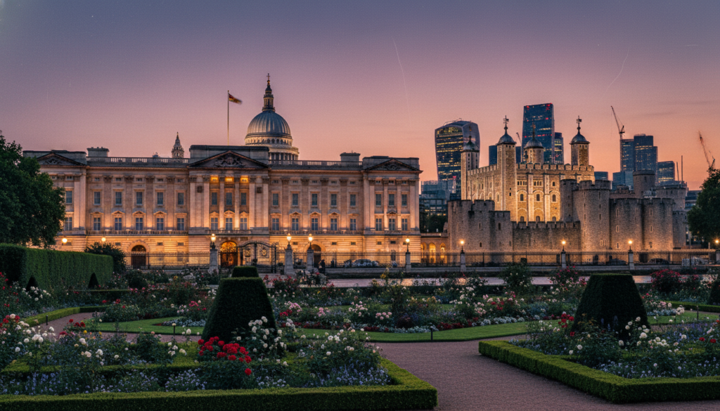 A stunning view of London's royal palaces and castles, including Buckingham Palace and the Tower of London, set against a dramatic twilight sky. In the foreground, lush green gardens with neatly trimmed hedges and blooming flowers frame the scene. The middle ground showcases the intricate architecture of the palaces, highlighting ornate façades, grand archways, and decorative turrets with soft, warm lighting accentuating their details. In the background, the iconic London skyline looms, contrasting modern buildings with historical structures. Shot from a low angle to emphasize the grand scale of the architecture. The whole atmosphere feels regal and historic, inviting viewers to experience the rich heritage of London's royal landmarks. Raw photograph, cinematic lighting, highly detailed textures, 8k resolution. A stunning view of London's royal palaces and castles, including Buckingham Palace and the Tower of London, set against a dramatic twilight sky. Lush green gardens with neatly trimmed hedges and blooming flowers frame the scene. The intricate architecture highlights ornate façades, grand archways, and decorative turrets with soft, warm lighting accentuating their details. The iconic London skyline contrasts modern buildings with historical structures. The atmosphere feels regal and historic, showcasing the main attractions in London and their rich heritage.