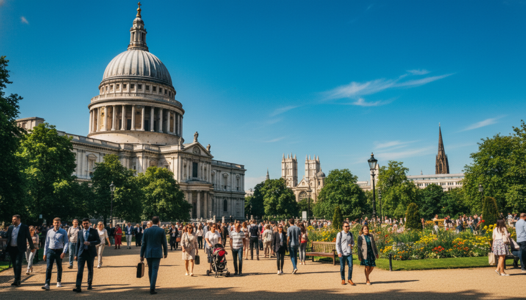 A stunning view of St. Paul’s Cathedral in London during a clear, sunny day. In the foreground, the iconic dome of the cathedral rises majestically against a blue sky, detailed with its ornate architecture. Surrounding the cathedral, lush green trees and vibrant flowers in a manicured park provide a lively contrast. In the middle ground, visitors stroll leisurely, some in professional business attire and others in modest casual clothing, capturing the essence of a family-friendly outing. In the background, the historic buildings of Westminster Abbey can be faintly seen, adding depth to the scene. The image should be captured in 8k resolution with cinematic lighting, highlighting the textures of the stonework and the warm ambiance of a perfect day in London.