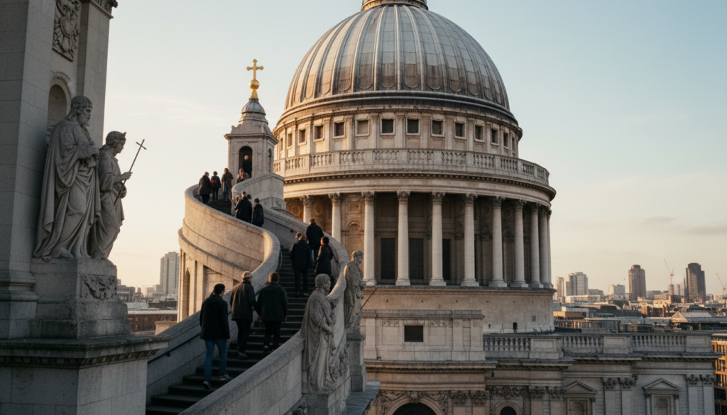 A stunning view of St. Paul's Cathedral, showcasing its magnificent dome from a low-angle perspective. The foreground features intricate architectural details of the cathedral's facade, adorned with graceful statues and decorative reliefs. The middle ground captures visitors ascending the winding staircase of the dome, depicted in modest casual clothing, illustrating the experience of the climb. In the background, the bustling London skyline is softly blurred, creating depth. The scene is bathed in warm, cinematic lighting, highlighting the textures of the stone and the dome's golden details. The atmosphere is vibrant yet serene, inviting viewers to appreciate the grandeur of this iconic landmark. Rendered in 8k resolution, the image showcases highly detailed textures and breathtaking clarity.