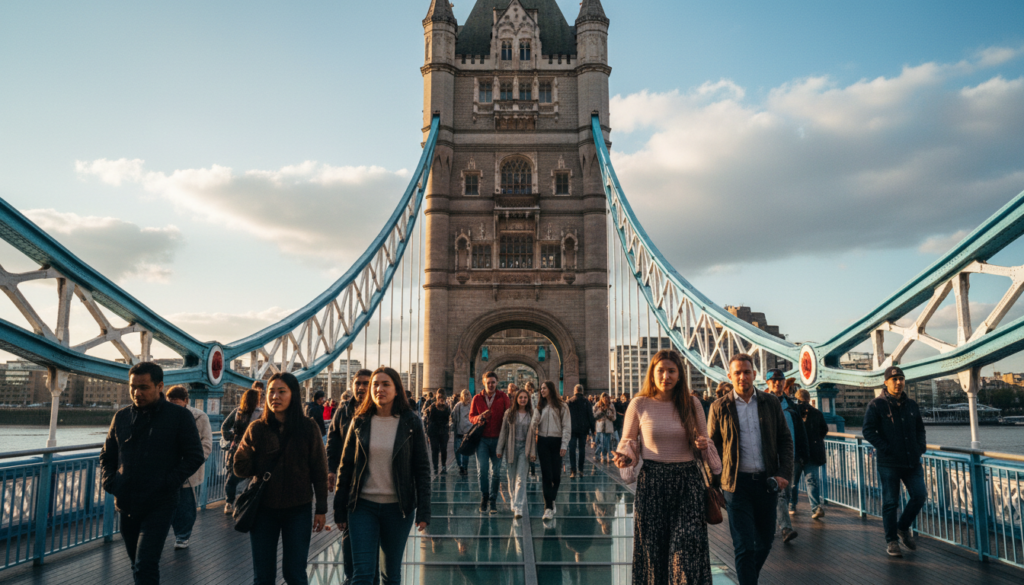 A stunning view of Tower Bridge, showcasing the iconic structure from a low angle, highlighting its intricate gothic architecture and the detailed stonework. In the foreground, a diverse group of individuals dressed in smart casual clothing, walking along the pedestrian walkway, engaged in conversation and capturing photos on their smartphones. The middle ground features the breathtaking glass floor, revealing the Thames River below, enhancing the sense of adventure. In the background, a bright London sky with soft, fluffy clouds adds a dynamic atmosphere. The scene is bathed in warm, cinematic lighting that casts gentle shadows, emphasizing the textures of the bridge. The image captures the lively spirit of visitors enjoying the Tower Bridge Exhibition, illustrating a must-see experience in London. 8k resolution provides highly detailed textures and clarity.
