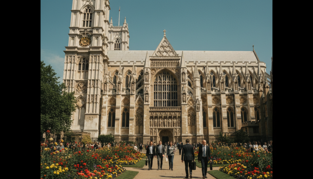 A stunning view of Westminster Abbey captured in raw photograph style, showcasing its iconic Gothic architecture with intricate stone carvings and towering spires. In the foreground, lush green gardens with vibrant flowers add a pop of color, while visitors in professional business attire stroll leisurely, emphasizing the cultural significance of the site. The middle ground features the grand entrance of the abbey, highlighting detailed textures and statues that tell the story of British history. In the background, a clear blue sky and soft, cinematic lighting enhance the serene atmosphere. The image is composed from a low angle, drawing attention to the majestic height of the abbey, all in rich, highly detailed 8k resolution.