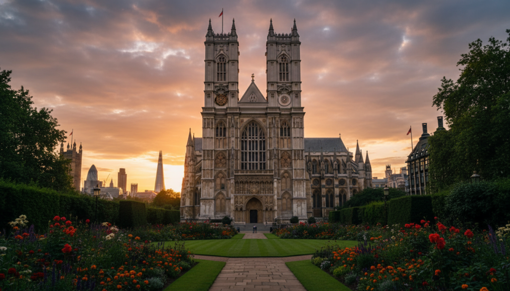 A stunning view of Westminster Abbey during golden hour, showcasing its magnificent Gothic architecture. In the foreground, a well-manicured garden with vibrant flowers and green grass, inviting visitors. The middle ground features the impressive facade of the abbey with intricate stone carvings, towering spires, and grand entrance, bathed in warm, cinematic lighting. In the background, the iconic silhouette of the London skyline adds depth, subtly illuminated against a colorful sunset. Capture highly detailed textures in the stonework and surrounding elements, emphasizing the majesty of this historic site. An angle slightly below the abbey looking up to emphasize its grandeur, rendered in 8k resolution for incredible clarity and realism. The atmosphere is peaceful and awe-inspiring, inviting a sense of reverence and appreciation for this iconic landmark.