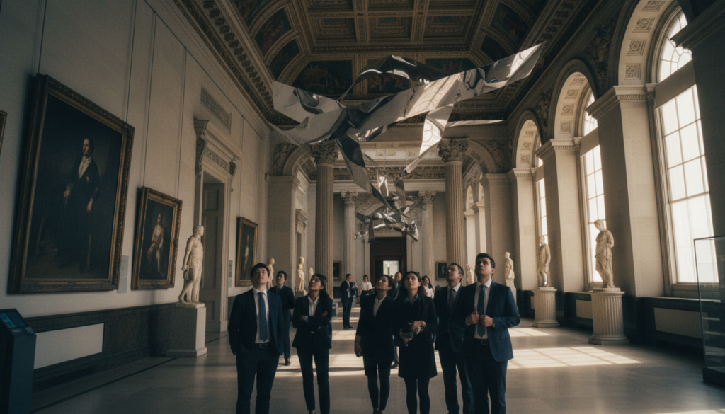 A stunning view of a London museum interior, featuring a grand hall with high ceilings and intricate architectural details. In the foreground, a small group of diverse visitors dressed in professional attire admire an impressive art installation, surrounded by beautifully framed paintings. The middle ground showcases elegant sculptures displayed on pedestals, with soft natural light streaming in through large windows, creating a warm and inviting atmosphere. In the background, the museum’s ornate architecture can be seen, with engaging exhibits lining the walls. Captured in a raw photograph style, the image features cinematic lighting that highlights highly detailed textures within the scene. The mood is one of wonder and cultural appreciation, framed as if viewed through a wide-angle lens in crisp 8k resolution.