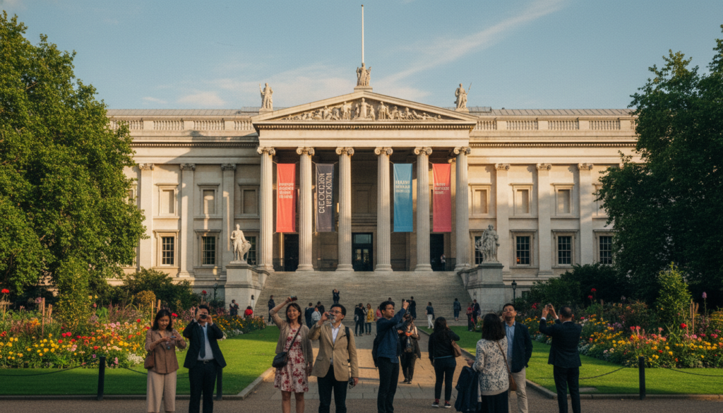 A stunning view of a vibrant London museum's exterior, featuring classical architecture with intricate details, surrounded by lush green gardens. In the foreground, a small group of families and tourists are admiring the museum, dressed in smart casual clothing, capturing the moment with their cameras. The middle ground showcases an inviting entrance with grand steps leading inside, while informative banners hang from the columns but are not visible in detail. The background captures a clear blue sky with soft, golden sunlight streaming through, casting dramatic shadows on the museum facade. The atmosphere feels warm and inviting, reflecting the excitement of exploring culture and history. The image is envisioned in cinematic lighting, with highly detailed textures and rendered in 8k resolution for a lifelike appearance.