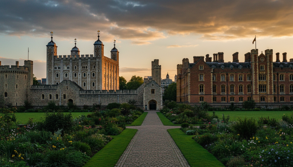 A stunning view of historic castles in London, prominently featuring the majestic Tower of London and the elegant Hampton Court Palace. In the foreground, lush greenery and manicured gardens frame the scene, while a cobblestone pathway leads the viewer towards the impressive stone facades. In the middle ground, the intricate architectural details of the castles, such as turrets and crenellations, are highlighted, showcasing their grandeur. The background reveals a softly lit skyline under a dramatic sunset, with warm golden hues contrasting against the cool shadows of the historic structures. The atmosphere feels enchanting and timeless, evoking a sense of immense history. Captured as a raw photograph, the image boasts cinematic lighting and highly detailed textures in 8k resolution.