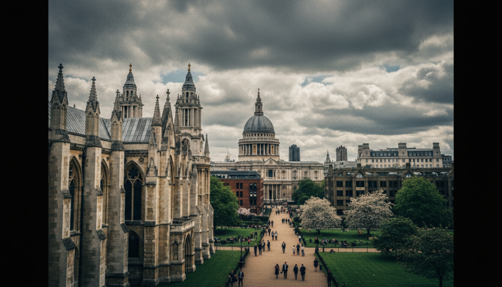A stunning view of historic churches and cathedrals in London, showcasing St. Paul's Cathedral and Westminster Abbey prominently in the foreground with intricate stone carvings and tall spires. The middle ground features peaceful gardens and tree-lined paths leading to these architectural marvels, bustling with visitors dressed in professional business attire exploring the area. In the background, a dramatic cloudy sky casts cinematic lighting over the scene, accentuating the details of the gothic architecture and vibrant greenery. The composition captures the essence of London's rich history, presented in 8k resolution with highly detailed textures for a realistic feel. A stunning view of historic churches and cathedrals in London, showcasing St. Paul's Cathedral and Westminster Abbey prominently in the foreground with intricate stone carvings and tall spires. The middle ground features peaceful gardens and tree-lined paths leading to these architectural marvels, bustling with visitors dressed in professional business attire exploring the area. In the background, a dramatic cloudy sky casts cinematic lighting over the scene, accentuating the details of the gothic architecture and vibrant greenery. The composition captures the essence of London's rich history, presented in 8k resolution with highly detailed textures for a realistic feel.