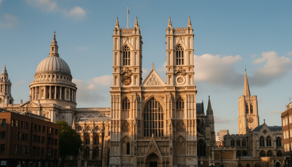 A stunning view of iconic historic churches and cathedrals in London, showcasing the intricate Gothic architecture of Westminster Abbey in the foreground, elegantly framed by the majestic spires of St. Paul's Cathedral and the charming charm of Southwark Cathedral in the middle. The background features a clear blue sky with soft clouds, bathed in warm, cinematic golden hour lighting that enhances the rich textures of the stone and stained glass. Use a wide-angle lens to capture the grandeur of these landmarks, emphasizing their details and surroundings. The scene evokes a serene, contemplative atmosphere, inviting the viewer to appreciate the historical significance and architectural beauty of these revered sites, all depicted in breathtaking 8k resolution.